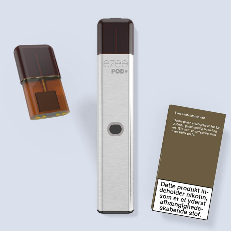 Vape Pod Startpakke Ezee Pod+ e-cigaret tobak sølv batteri 20mg nikotin