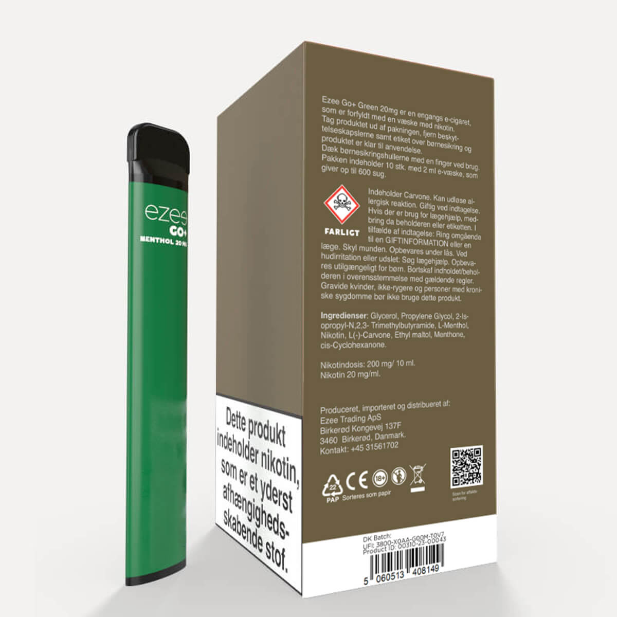 Ezee Go+ Green 20mg - Engangs vape med menthol smag 10 Stk.