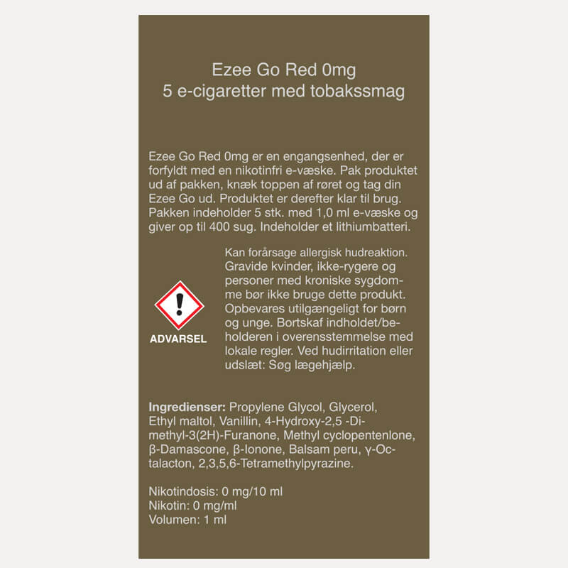Ezee Go Red 0mg e-cigaret med Tobakssmag Nikotinfri